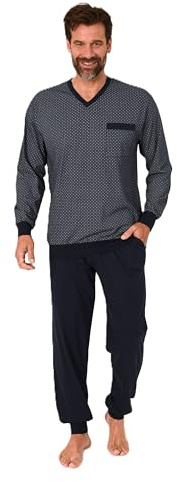 Normann Herren Schlafanzug lang mit Bündchen - Pyjama im edlen Minimal-Print und V-Hals, Farbe:Marine, Größe:48