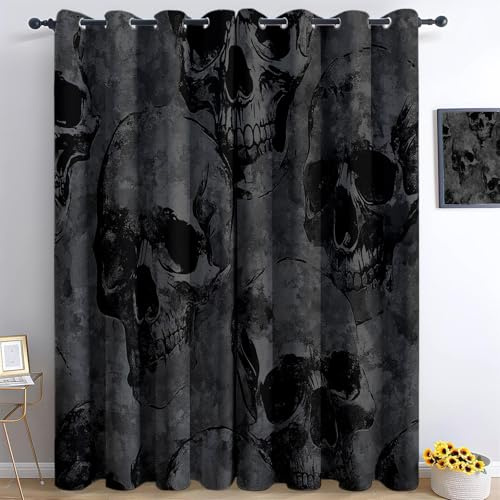 Blickdichte Vorhänge H 138 x B 117 cm (2er Pack) Mit Ösen, Gothic Horror Totenkopf Druck Dunkelgrau Thermo Vorhang Wohnzimmer Schlafzimmer Schallschutz Deko