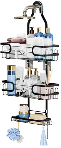 Étagère Douche Suspendue 3 Niveaux Noire, Caddy de Douche Antirouille avec Crochets, Rangement Salle de Bain sans Perçage, Panier Amovible au-dessus du Pommeau de Douche