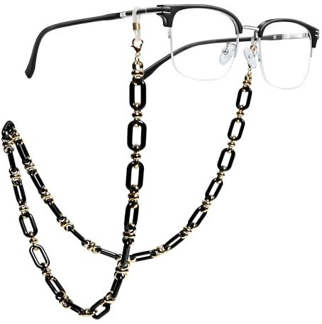 Chaîne de lunettes en acrylique avec maillons carrés en noir - Chaîne de bouton en acrylique et masque anti-perte pour femme - Chaîne de lunettes de soleil tendance pour lunettes, masque ou sac
