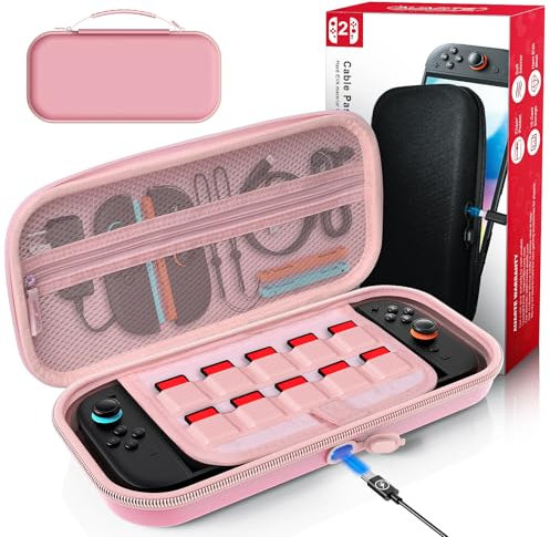 Auarte [Charge à l'intérieur] Étui pour Nintendo Switch 2 Console (2025), Protection Housse de Voyage Portable avec Pochette pour Switch 2 Accessoires et 10 Cartes de Jeux, Switch Coques (Rose)