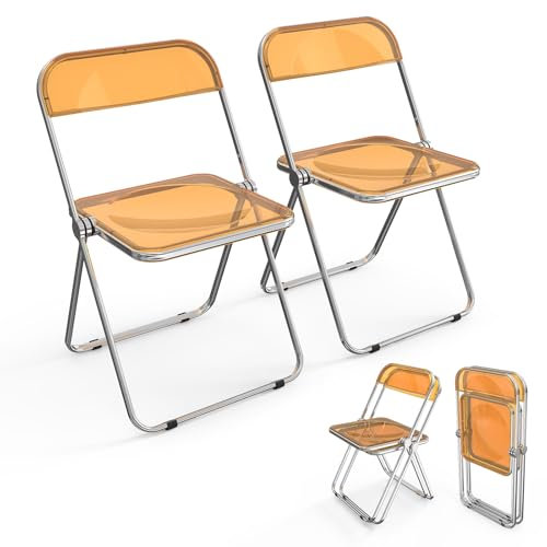 Bonnlo Klappstühle 2er Set - Esszimmerstühle, Gartenstuhl, Campingstuhl faltbar, für Balkon, Wohnzimmer, Restaurant und Konferenz, Ergonomisch, Orange Transparent, 47x47x75cm, bis 150 kg