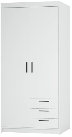 AXLIVING Storicos 2D3S Kleiderschrank Weiß mit schubladen 89,7 cm | 4 Fächer, 2 Fächer auf der linken Seite (1 mit Kleiderstange) 3 Schubladen. HDF-Rückwand. Melaminbeschichtete Kanten.
