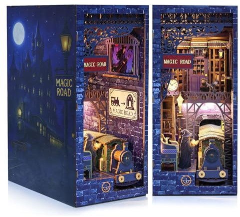 Magic Station Book Nook - DIY 3D Holzpuzzle mit LED, Miniatur-Bahnhof für Bücherregal Dekoration, Bastelset für Erwachsene und Jugendliche
