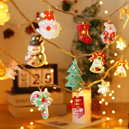 CHENRI Guirnalda de luces de decoración vintage de Navidad, 3.0 m, 20 luces LED, cadena de luces de bola de estrella de Navidad, cadena de luces LED de Papá Noel, luces de hadas de Navidad para árbol