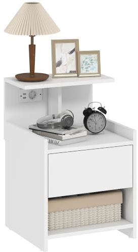 HOMCOM Mesita de Noche con Estación de Carga Cajón 40x40x60 cm Blanco | Mesilla de Noche Dormitorio, Puertos USB, Estantes Abiertos, para Salón, Estudio