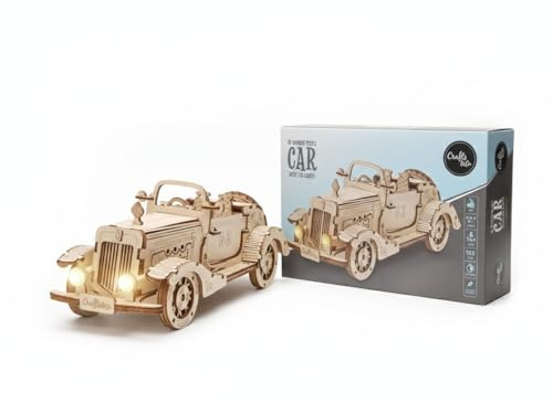 Crafts&Co 3D Holzpuzzle Auto mit LED Crafts&Co - DIY Modellbau zum Selbstbauen - 153 Teile - Vintage Auto Modell - Kreatives Set Erwachsene & Jugendliche 14+ - Dekoratives Holzpuzzle ohne Klebstoff