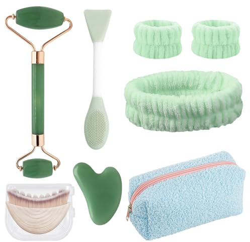 8 Pezzi Gua Sha Viso Kit, Guasha Viso Quarzo Rosa, Rullo Massaggio Viso | Pietra Gua Sha, Spazzola Detergente, Fascia, Borsa Cosmetica Rosa, Massaggiatore Viso, Regali Per Le Donne