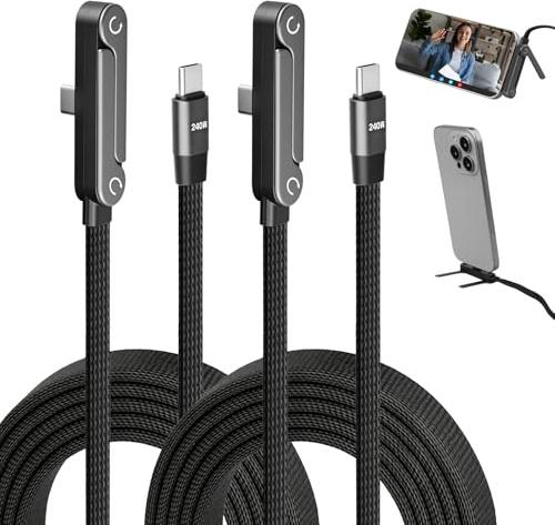 MKtoko 2-in-1 Invisible Holder Charger Cable 2Pcs, 240W Fast Charging Stand Data Cable with Foldable Phone Stand, Flat Braided USB C Cable for Smartphones Tablets Laptops, 90 Degree Angled Connector
