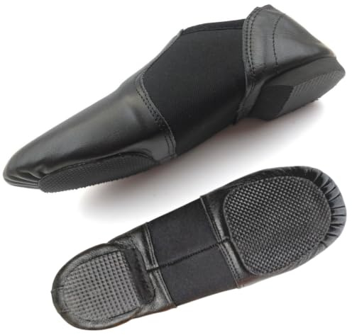 Slip On Jazz Dance Shoes - Black Leather - Modern Stage Rubber Heel Split Sole – Neoprene - Irish Dancing Pumps for Kids, Girls & Children