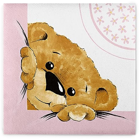 Sovie HOME Serviette TEDDY aus Linclass Airlaid, 40 x 40cm, 1/4 Falz, 12 Stück, Design zauberhaftes Teddy-Design in Rosa Pastell, edle Einwegserviette, Ideal für Babyshower Taufe Geburtstag