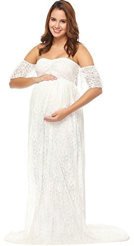 Robe Grossesse de Photographie Elégante Vetements Maternité Robe Longue en Dentelle à Manches Courtes Femme Enceinte Costume Habillée de Shooting Photo Plage Mariage Soireé Cérémonie Blanc XL