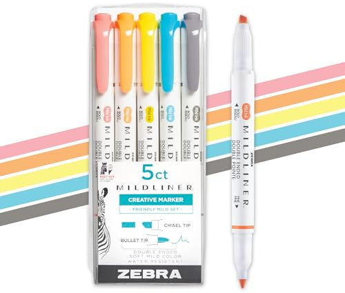 Zebra Pen Mildliner, Double Ended Highlighter, Broad and Fine Tips, Assorted Friendly Colors, (78505), 5 Pack