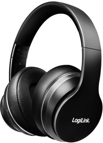 LogiLink BT0053 - BT v5.0 Active-Noise-Cancelling (ANC) Headset/Kopfhörer mit aktiver Lärmunterdrückung und Schutz- Transportbox, Flugzeug-Adapter, Over Ear, Schwarz
