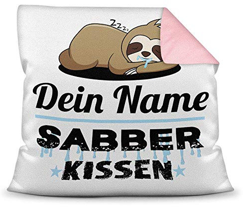 Kissen inkl. Füllung Faultier PERSONALISIERT mit WUNSCHNAME für Ihn - Sein Name Sabberkissen - Kuschelkissen / Lustige Geschenkidee für Männer / Freund / Geburtstag - Farbkissen Rückseite Rosa