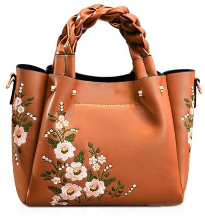 NICOLE & DORIS Elegant Handtasche Damen Shopper Tote PU-Leder Henkeltasche Frauen Schultertasche Bestickte Umhängetasche für Arbeit Schule Shoppin Braun