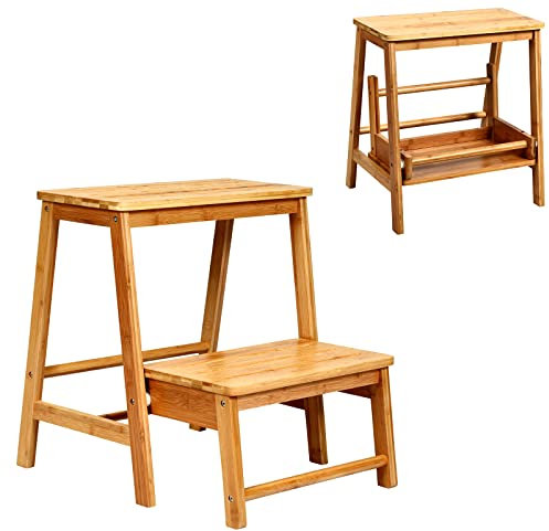 RELAX4LIFE Escabeau Pliable à 2 Marches en Bambou Charge Max. 100Kg, Marchepied à 2 Niveaux avec Structure Robuste pour Maison, Bureau,45X 51,5X48CM