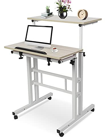 Schreibtisch Höhenverstellbar, Computertisch mit Rollen Stehschreibtisch PC Tisch Computer Table Kleiner Mobile Podium für Schlafzimmer und Sofa(Weißer Ahorn)