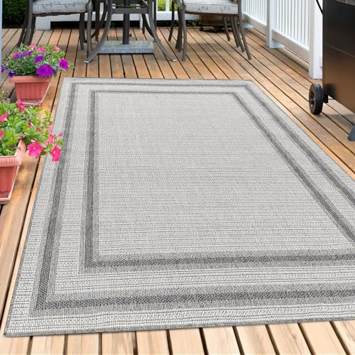 Outdoor Teppich Wetterfest Terasse Garten Balkon Picknick Camping Teppich Bordüre Design Sisal Optik Flachgewebe Küchenteppich Pflegeleicht Rechteckigen Form Farbe: Creme, Grösse: 200 x 290 cm