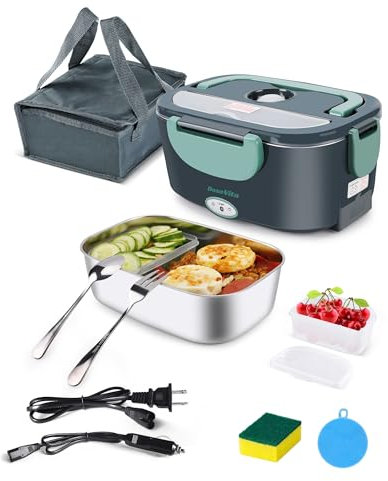 Dosevita Lonchera eléctrica para alimentos, calentador de alimentos portátil de 80 W con recipiente de acero inoxidable de 1.5 L, lonchera térmica de 12/24V/110 para hombres para trabajo en coche,