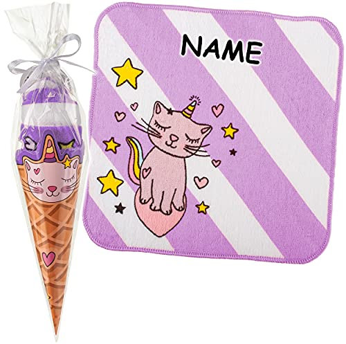 alles-meine.de GmbH Schule & Schulanfang Artikel frei wählbar Waschlappen/kleines Handtuch - ABC - inkl. Name - Katze/Einhorn - Eistüte - lila/violett - Frottee aus 100..