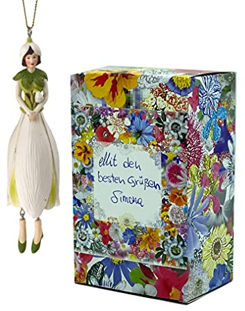 Blumen-Mädchen Schneeglöckchen zum Hängen Elfen-Dekofigur Flower Fairy Figur Blumenfigur Skulptur Blumenkinder in Geschenk-Box