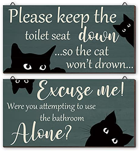 Jetec 2 Pcs Funny Cat Bathroom Wood Wall Decor Put The Toilet Seat Down Bathroom Hanging Wall Art Sign Black Cat Wooden Sign Vintage Decoration for Powder Room Restroom Hanging
