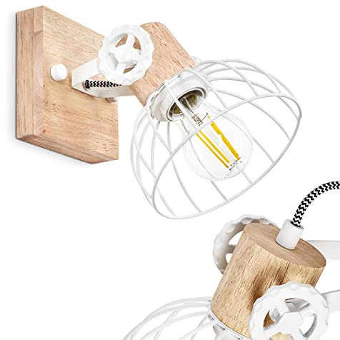 Wandleuchte Orny, Wandlampe Vintage-Design aus Holz/Metall in Natur/Weiß m. Lichteffekt, Schirm in Gitter-Optik, Leuchte m. Holzbalken, Textilkabeln u. verstellbarem Strahler, E27, ohne Leuchtmittel