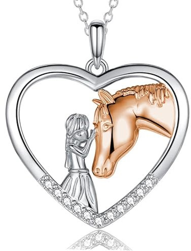 USEEDOVIA Mädchen & Pferd Herz Kette Halskette Damen 925 Ketten Rosegold | Mädchen Kette Herz Kette Silber Damen Ketten Schmuck Damen Geschenk für Frauen Mutter Weihnachten Geburstag mit Geschenkbox