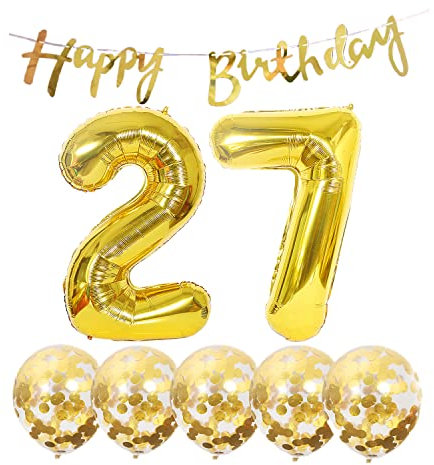 2 Luftballons Zahl 27 Gold+5 Konfetti Luftballons+gold banner Folienballon 27.Geburtstags deko Männer frauen 27 Jahr Geburtstags deko Zahlenballon 27 Luftballons 27 Geburtstags Mann frau