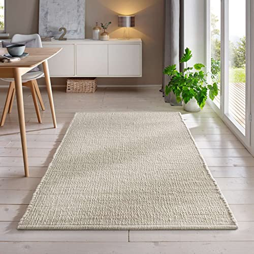 Handweb-Teppich aus Schurwolle in Skandinavischem Landhaus Design in vielen aktuellen Farben für Wohnzimmer, Esszimmer, Schlafzimmer, Flur, auch als Läufer beidseitig verwendbar weiß 200x290 cm