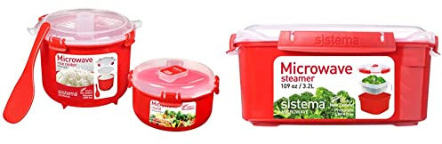 Sistema 2.6L Microwave Rice Cooker & 915ml Round Microwave Food Container Set | Steam-Release Vents | Red/Clear
