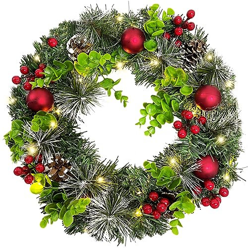 Weihnachtskranz Für Tür Mit Led Beleuchtet, Türkranz Weihnachten Außen Mit Rot Kugeln, Kranz Weihnachten Haustür Outdoor Zum Aufhängen, Weihnachtsdeko Innen Tisch Fenster Tischdeko Amerikanisch (35CM)