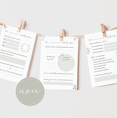 50 Gästebuch Karten für die Hochzeit mit Box | 5 verschiedene Designs | DIN A6 Postkartengröße | für alle Paare | Greenery & Eukalyptus Look