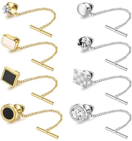 Diamday 8 Pièces Pinces à Cravate pour Hommes 14K Or Plaqué Pinces à Cravate avec Chaîne Cravates Necktie Épingles à Cravate pour Mariage Anniversaire d'entreprise Argent Or