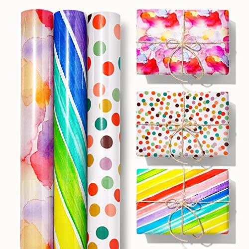 ZYOOO 3 Rolle (43cm x 3m pro Rolle) Regenbogen Geschenkpapier Geburtstag Bunt Rolle für Kinder,Frauen,Mädchen