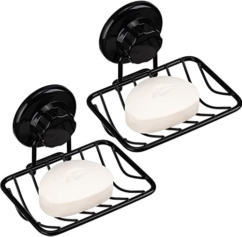 ARCCI Bar Soap Holder for Shower Wall, Stainless Steel Strong Vacuum Suction Cup Shower Soap Dish, Rustproof Wall Mouted Square Soap Sponge Holder Tray for Bathroom & Kitchen Sink, 2 Pack, Black