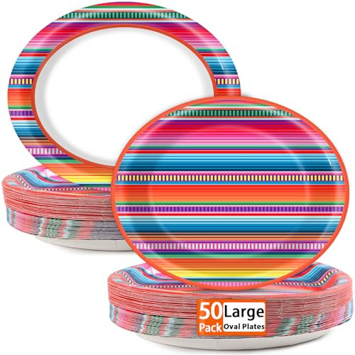 50 Stück mexikanische Serape Fiesta ovale Pappteller, 27.9 cm, große Einweg-bunte Streifen, Mexiko-Teller, Geschirrtablett für Mayo, Fiestas, Tanz, Piñata, bunte Ponchos, Dinner-Party-Geschirr