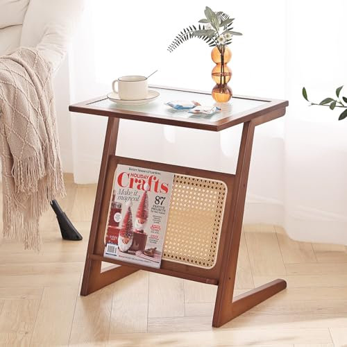 Furlide Z-Vintage Beistelltisch, Boho Nachttisch Beistelltisch, Rattan-Beistelltisch, Bambus-Couchtisch, Schlafzimmer-Couchtisch mit Stauraum, Bambus-Akzent-Nachttische für Outdoor/Indoor (Nussbaum)