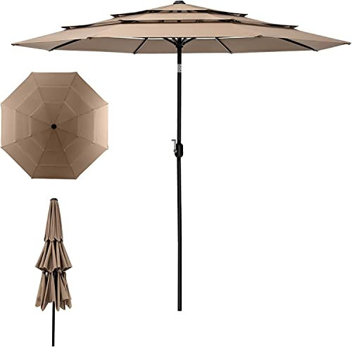 SFAREST 3M Garden Parasol, 3-Tier Patio Umbrella with Winding Crank & Tilt Function, Double-Vented Canopy Sun Shade for Beach Market Poolside (Coffee)
