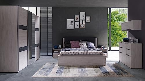 Design Möbel Schlafzimmer Möbel Schlafzimmer Komplett Kontinentales Bett Doppel Boxspringbett Kleiderschrank Schrank Schlafzimmer Komplett Schlafzimmer Kommode Dustin Eiche Weiß und Graphit glänzend