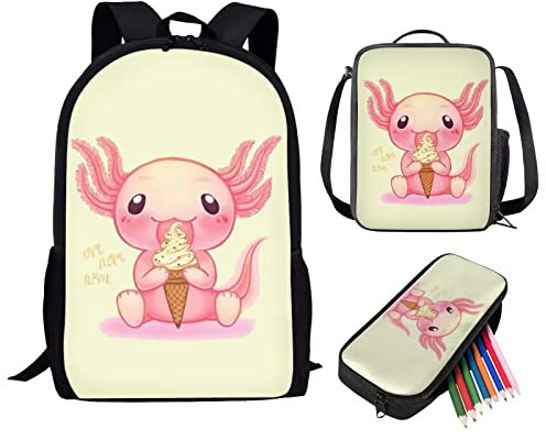 Showudesigns Sac à dos d'école pour enfants avec poche pour bouteille, Crème glacée Axolotl, One_Size, Classique