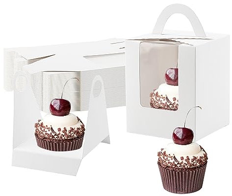 MUKCHAP 40 Pack Whtie Single Cupcake Boxes with Window and Handle, 9.2 x 9.2 x 11cm Single Hole Cupcake Holder Carrier, Individual Bakery Boxes for Wedding, Party, Birthday