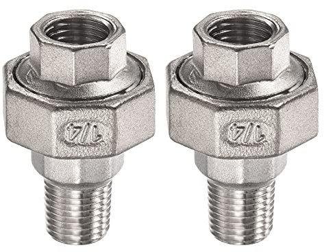 M METERXITY 2 Paquet Tuyau Raccord Union - Inox Acier Fileté Tuyau Connecteur, avec Caoutchouc Anneau, Appliquer à DIY Projet, (1/4PT Mâle x G1/4 Femelle Filetage, Argent)