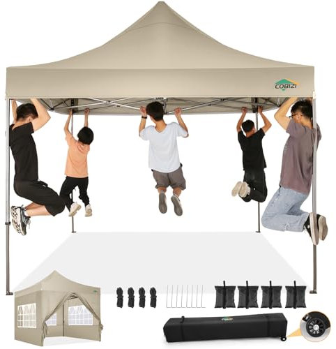 COBIZI pavillon 3x3 wasserdicht stabil Winterfest, faltpavillon Outdoor faltbar partyzelt,pop up pavillon klappbar gartenpavillon mit 4 Seitenteilen und Laufradtasche, Khaki(420D Oxford-Plane)