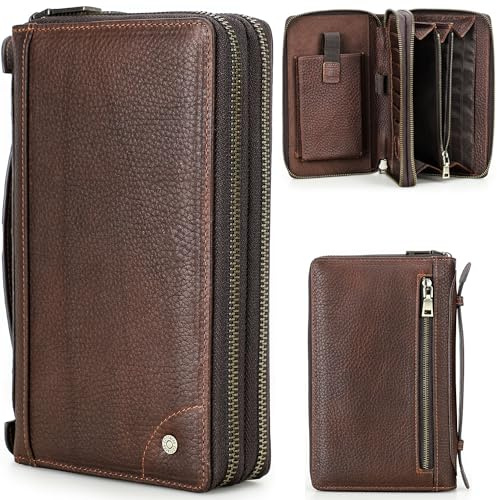 Top Grain Echtes Leder Clutch Tasche Brieftasche für Mann & Frau, Handgemachtes Retro Design, RFID Große Kapazität für Karten/Handy/Scheck/Geld/Münze, 【Clutch Wallet】Style 3-Red Coffee-AirTag, Vintage