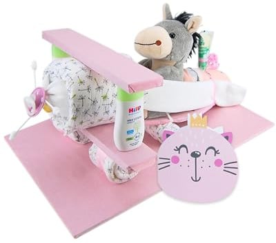 Windeltorte ® Flugzeug mit Kuscheltier - Plüschtier - Geschenk zur Geburt - Babyparty - Baby - Babyshower - Pullerparty… (Rosa/Mädchen)