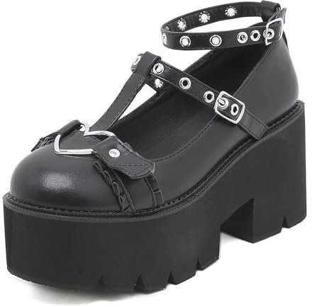 Roimaash Damen Gotisch Mary Janes Pumps Plateau Lolita Schuhe Thick Bottom Metal Bucle Belt Pumps Chunky Heels Runde Zehen Costume Schuhe Black Size 41