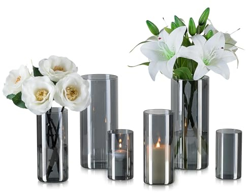 Hewory 6er Blumenvase Modern, Zylinder Vase Schwarz Glas Windlicht Glas | Vase Grau, Glasvase Zylinder Vasen Set, Kerzengläser für Deko Wohnung Geschenk Freundin Tischdeko, 10x5.5/15x6.5/20x8.5cm