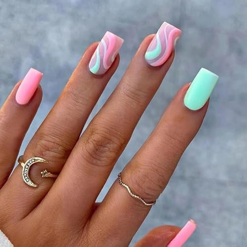24pcs Short Square White Swirl and Green Designs Press on Nails, Pink Ballerina Full Cover False Nail Set With Removable Glue - Art Accessories for Women and Brides